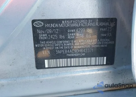 2013 Hyundai Sonata Gls z USA, uszkodzony, nr VIN 5NPEB4AC9DH642371